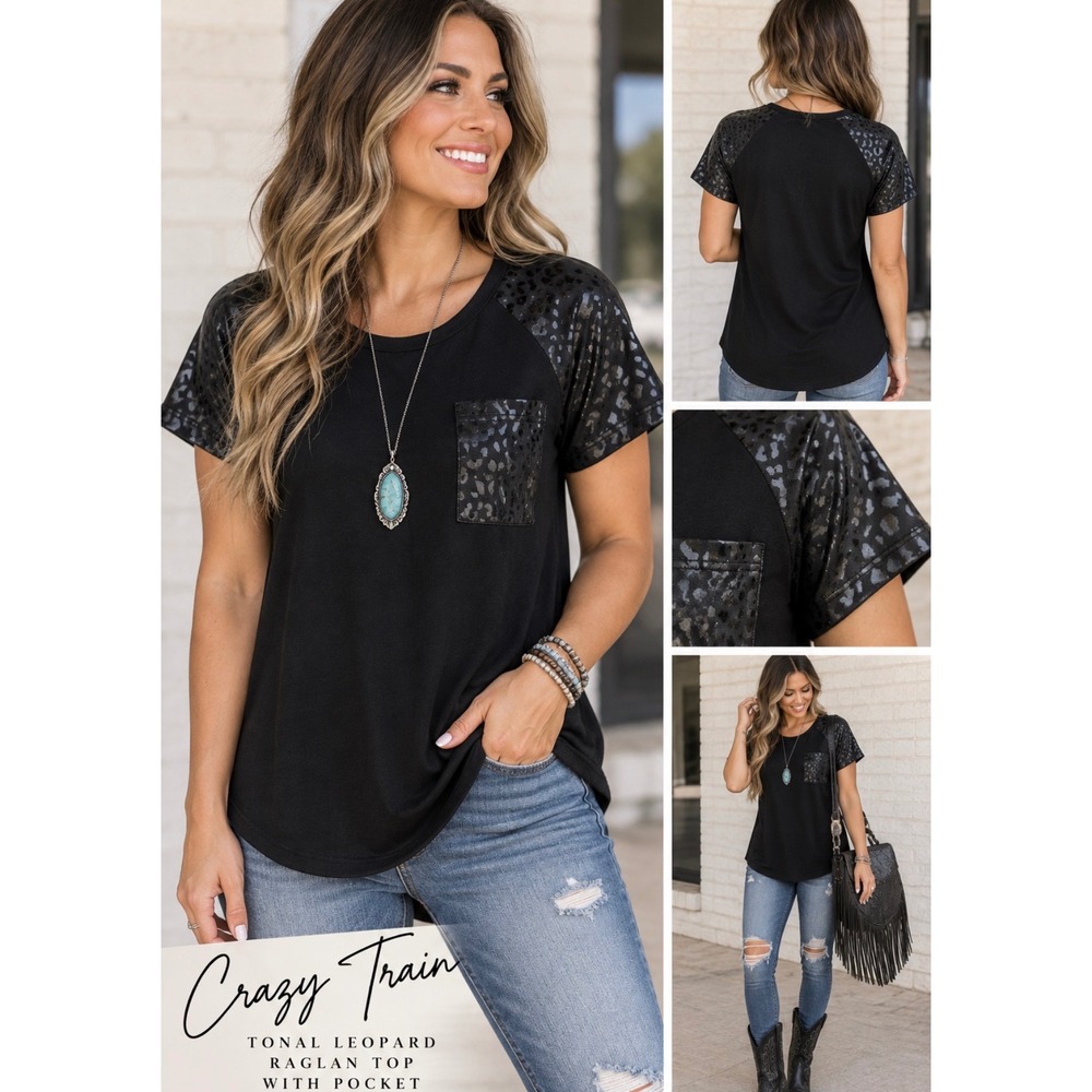 Crazy Train Black Leopard Animal Print Raglan Pocket Top Small Tonal Western